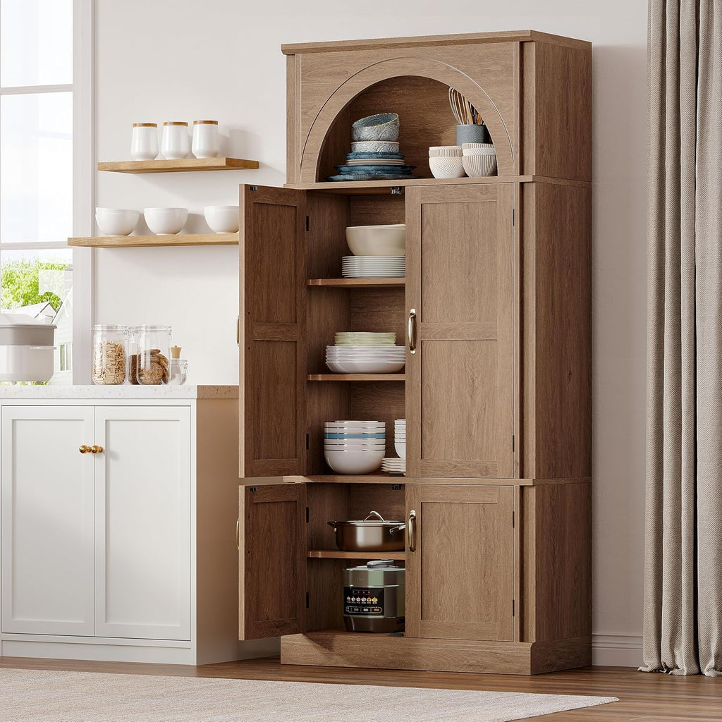 71'' Tall Kitchen Pantry Storage Cabinet, Food Pantry Wood Cabinet with Adjustable Shelves, Freestanding Versatile Kitchen Pantry Cupboard for Kitchen, Dining Room, Living Room, Brown