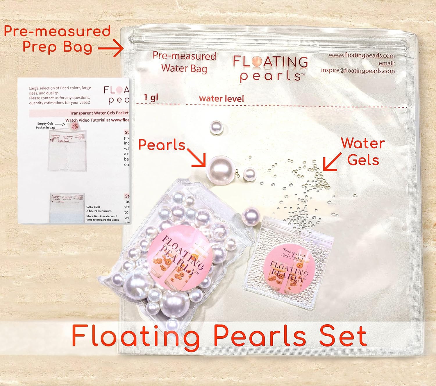 100 Floating Light Pink Pearls with Pink Sparkling Gems- Large Sizes- Fills 2 Gallons for Your Vases- with Pre-Measured Prep Bags for Best Results!