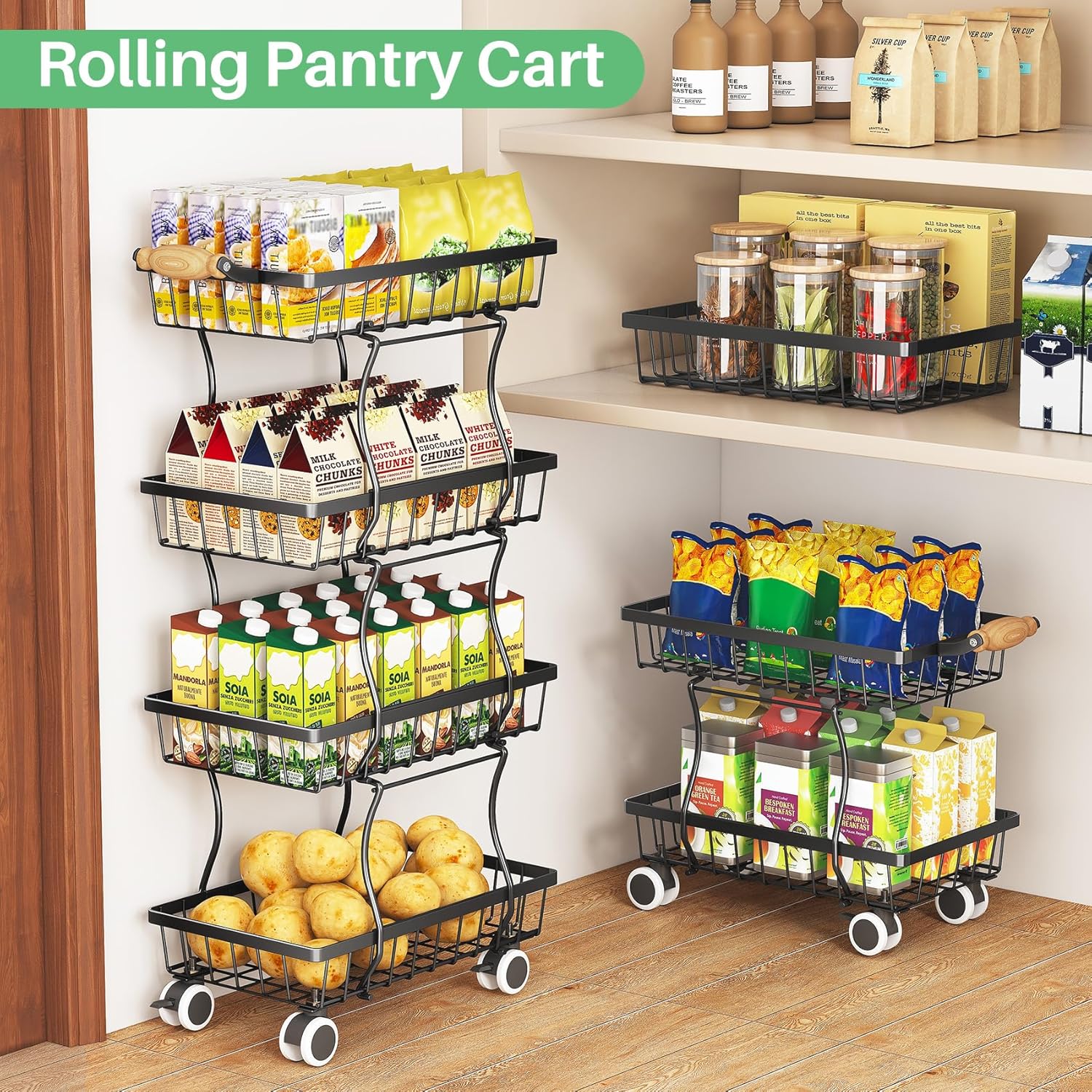 SAYZH Fruit Basket Kitchen Pantry Organizers and Storage - 4 Tier Stackable Metal Wire Basket Stand for Fruit Vegetable Snacks Jars Bins Containers Organization(Black, 4 Tiers)