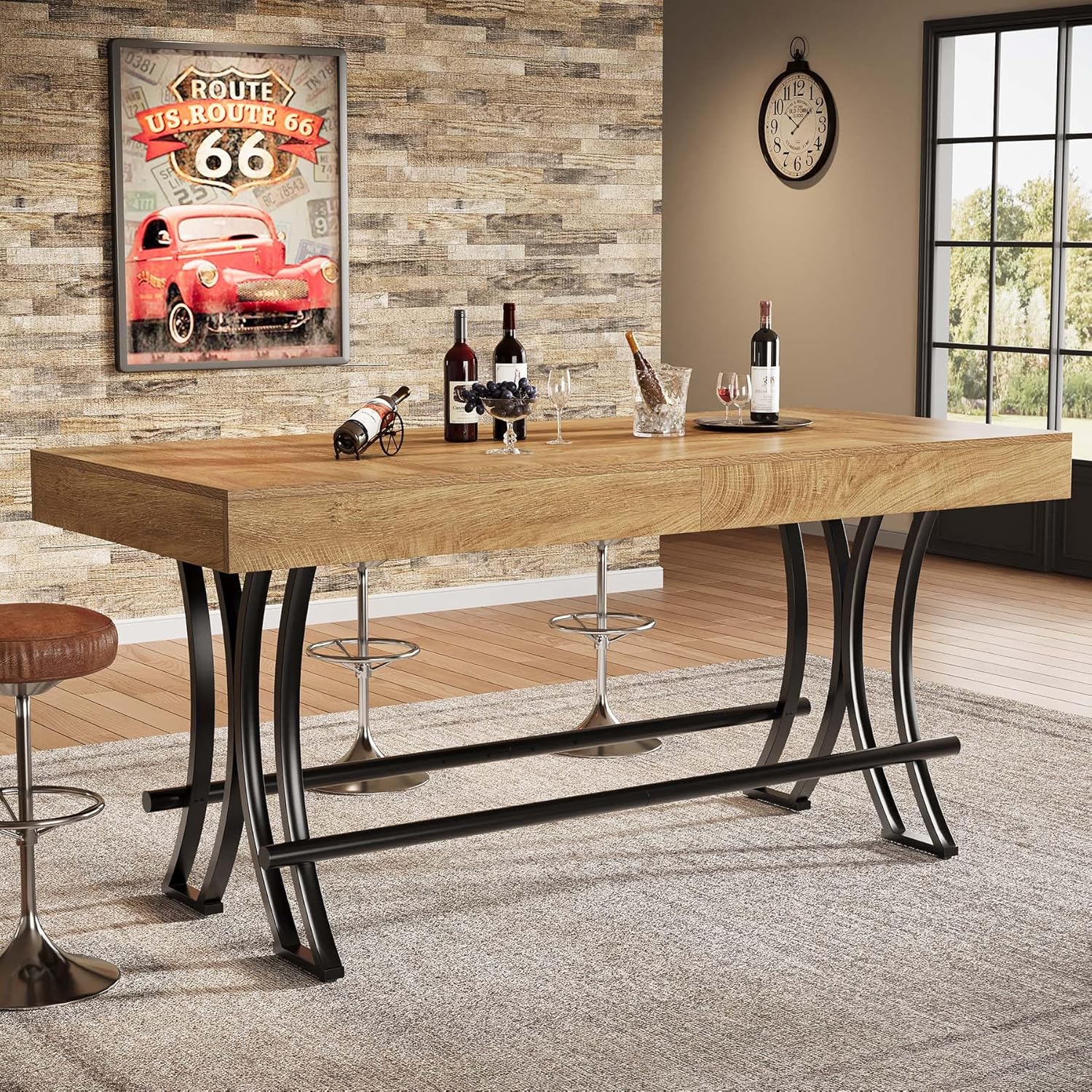 Tribesigns 63" Counter Height Bar Table with Metal Footrest, Rectangular Tall Kitchen Dining Pub Table, Industrial Home Bar Unit for Entertaining, Freestanding, Rustic Brown