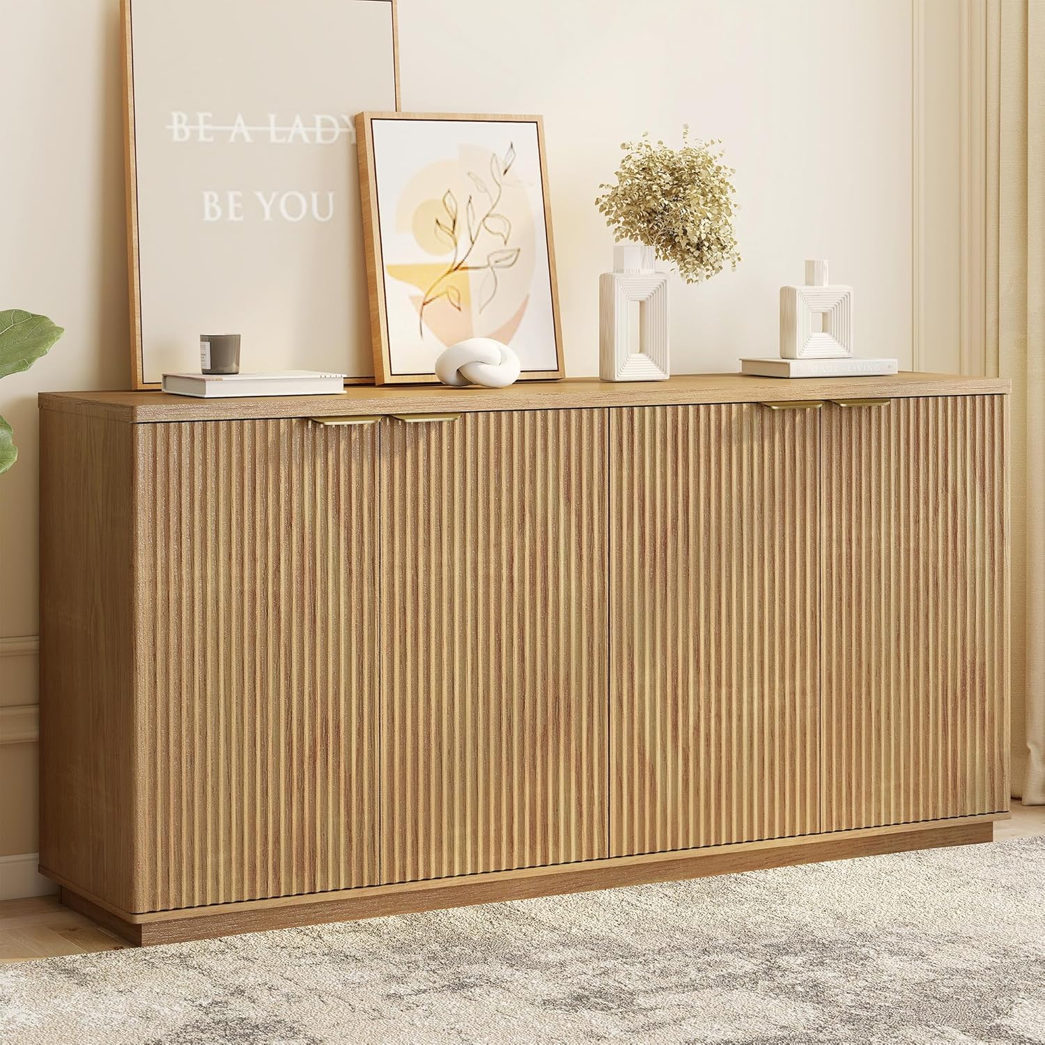 Fluted Sideboard Buffet Cabinet, 63" Wooden Credenza Storage Cabinet with 4 Doors and Adjustable Shelves, Fluted Sideboard Cabinet for Kitchen, Living Room, Natural Oak
