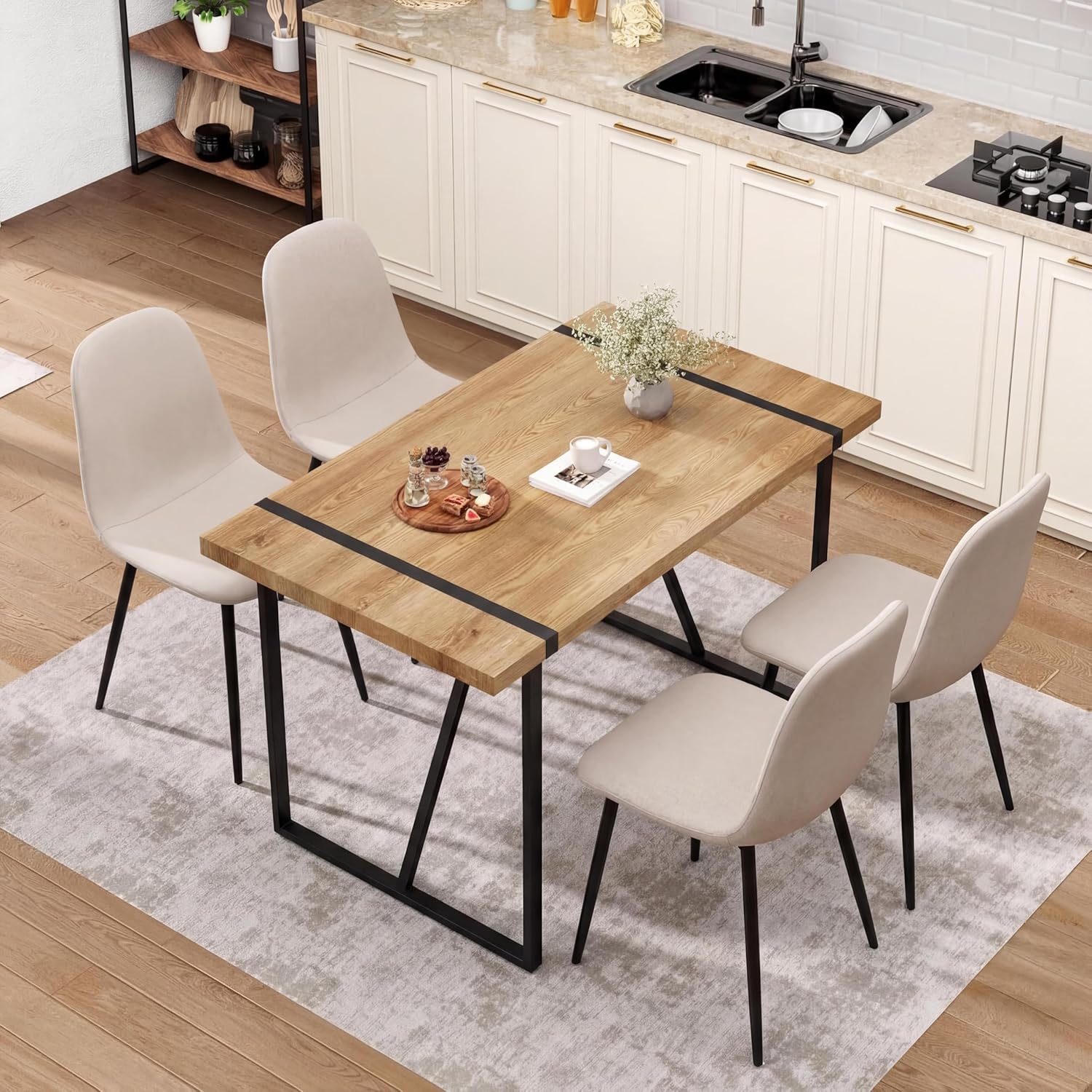 Dining Table Set for 4, Modern Table and Chairs Set of 4, 5 Piece Dining Table Set Include Wooden Rectangle Kitchen Table and 4 Fabric Chairs Ideal for Kitchen Dining Room Easy to Assemble