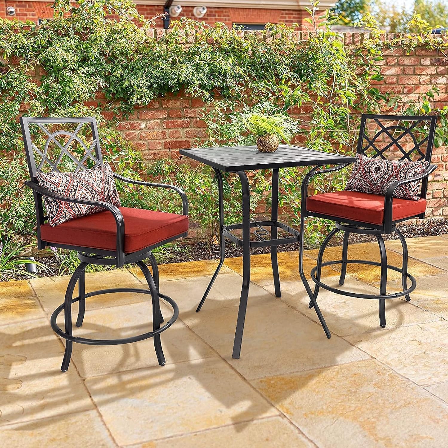 Patio Height Bar Table, Outdoor Bistro Square High Top Dining Table with 1.57'' Umbrella Hole & Steel Slat Table Top (Black)