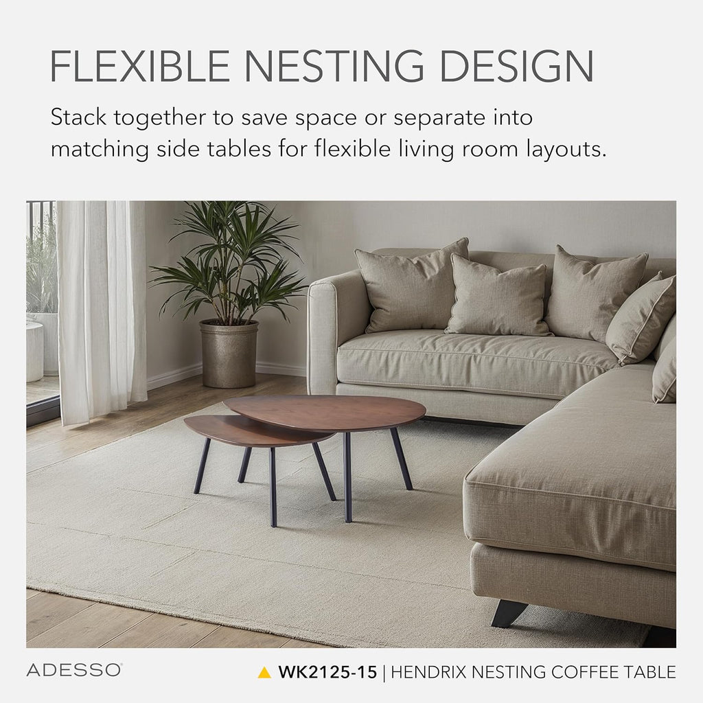 Adesso Set of Two Nesting Coffee Tables – Walnut Oak Veneer and Matte Black Metal Legs – Versatile Modern Accent Tables for Living Rooms, Apartments & Contemporary Homes