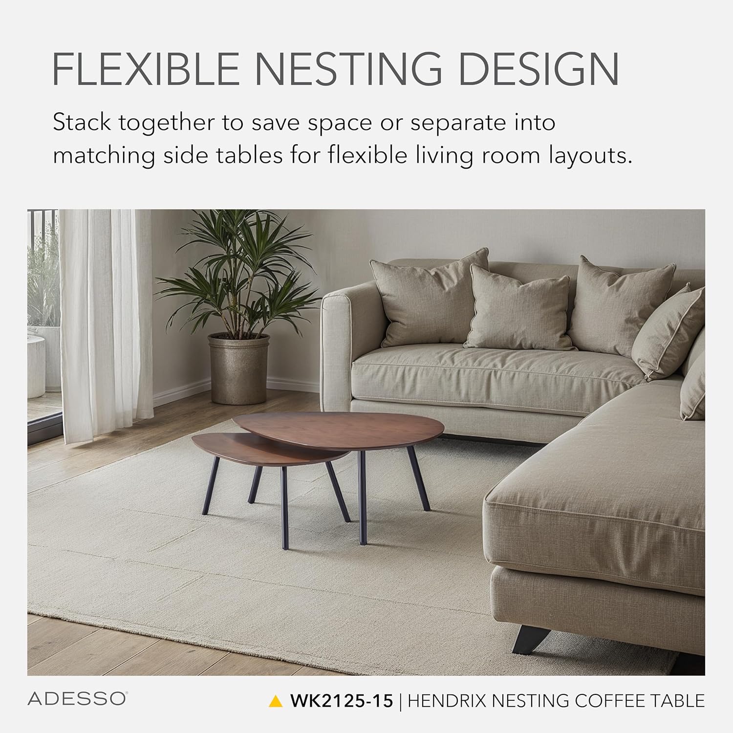 Adesso Set of Two Nesting Coffee Tables – Walnut Oak Veneer and Matte Black Metal Legs – Versatile Modern Accent Tables for Living Rooms, Apartments & Contemporary Homes