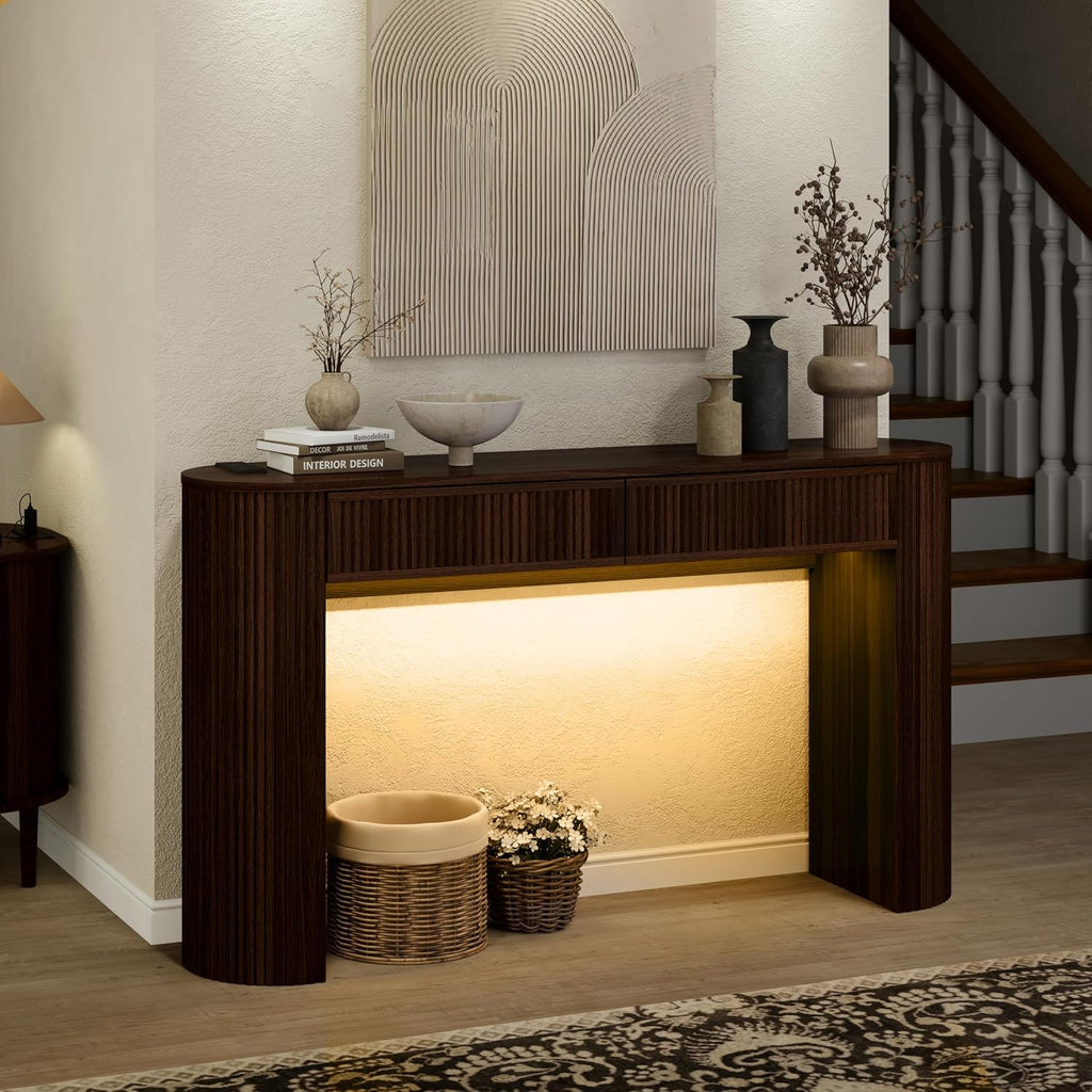 55" Fluted Console Table with 2 Drawers & LED Lights,Entryway Tables with Charging Station,Narrow Sofa Table Behind Couch,Mid-Century Modern Foyer Table for Entryway, Hallway, Living Room(Walnut)