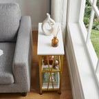 Narrow Side Table, End Table with 3 Tier Storage Shelves, Industrial Rustic Accent Skiny End Tables for Small Spaces, Slim Couch Beside Table, Small Hallway Table for Living Room (White+Gold)