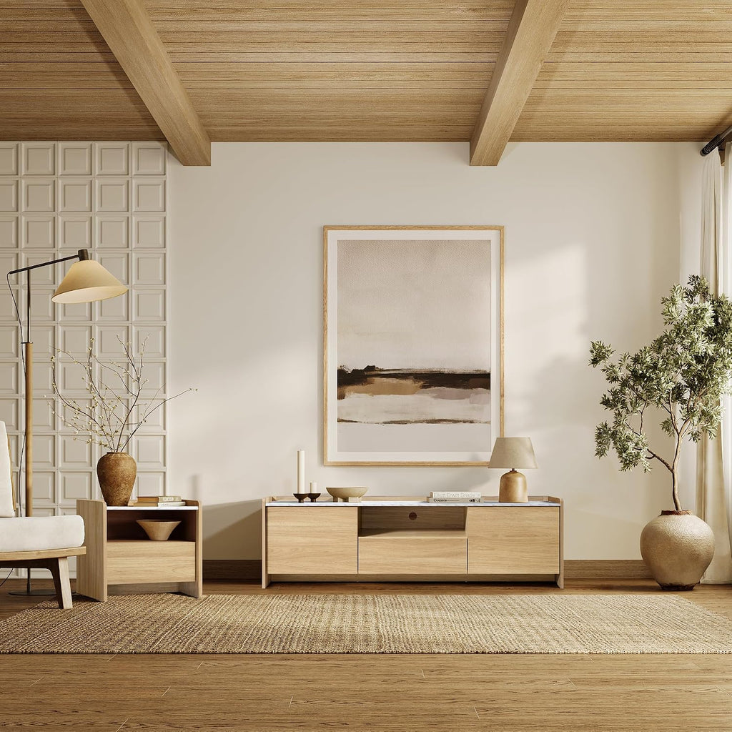 LuxenHome Nightstand with Drawer and Shelf, 18.8'' Wood Japandi Modern Accent End Table with Faux Marble Top, Night Stand with Rounded Corner, Small Bedside Table with Storage for Bedroom,Living Room
