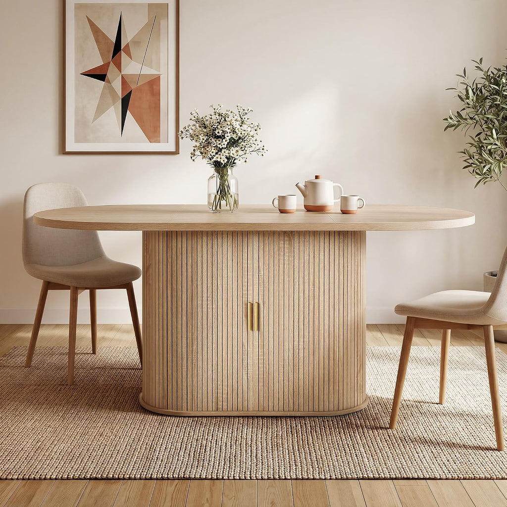 DWVO 70.9" Oval Dining Table for 6-8, Modern T-Shaped Kitchen Table with Storage Shelves & Pedestal Base, Multi-Purpose Dinner & Office Table, Light Oak
