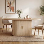 DWVO 70.9" Oval Dining Table for 6-8, Modern T-Shaped Kitchen Table with Storage Shelves & Pedestal Base, Multi-Purpose Dinner & Office Table, Light Oak