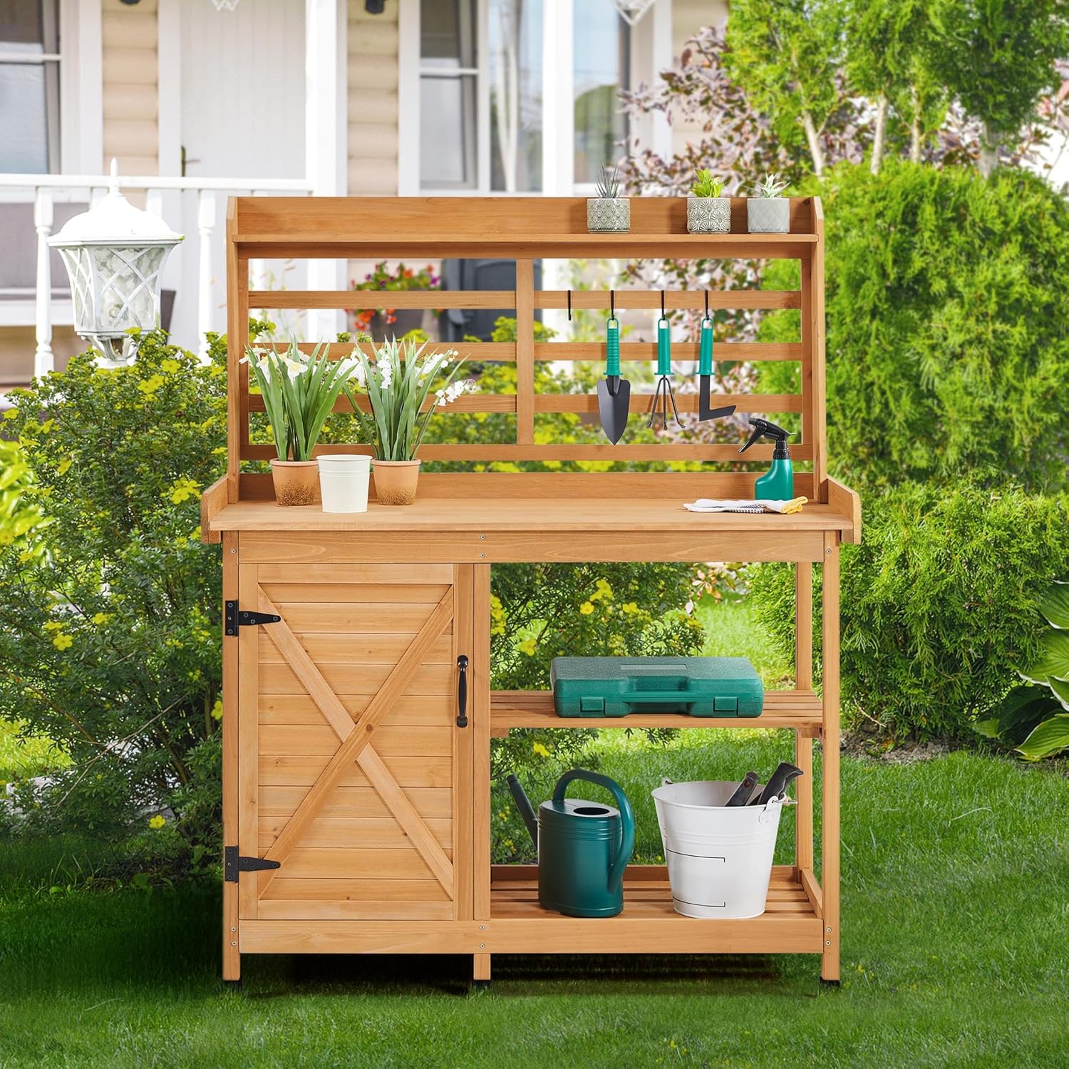 Topeakmart Outdoor Potting Bench, Large Horticulture Work Table Workstation with Storage Cabinet Shelf & Planting Working Console for Garden, Patio, Lawn, Wood
