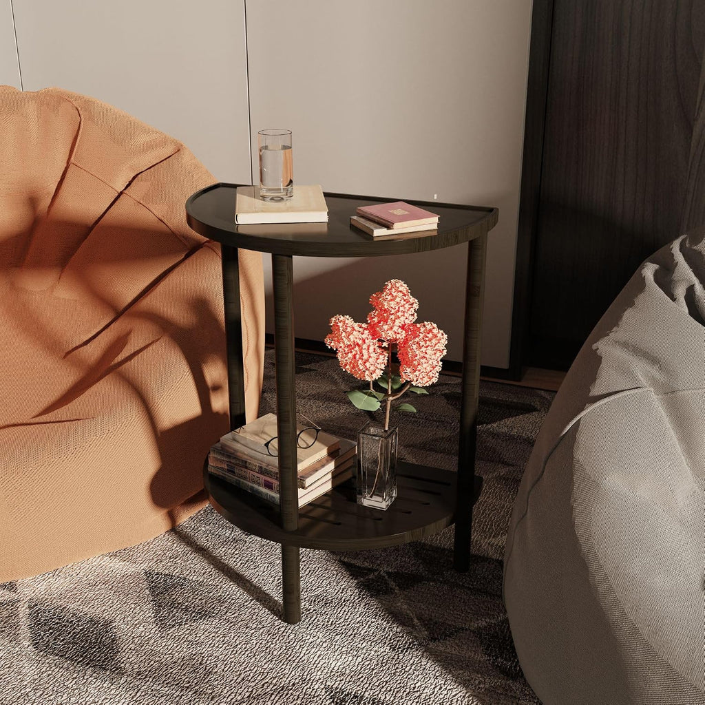 End Table, Half Moon Side Tables, Living Room Half Round 2 Tier Table for Small Space, Living Room Bedroom Couch Tables with Storage Shelf (Black)