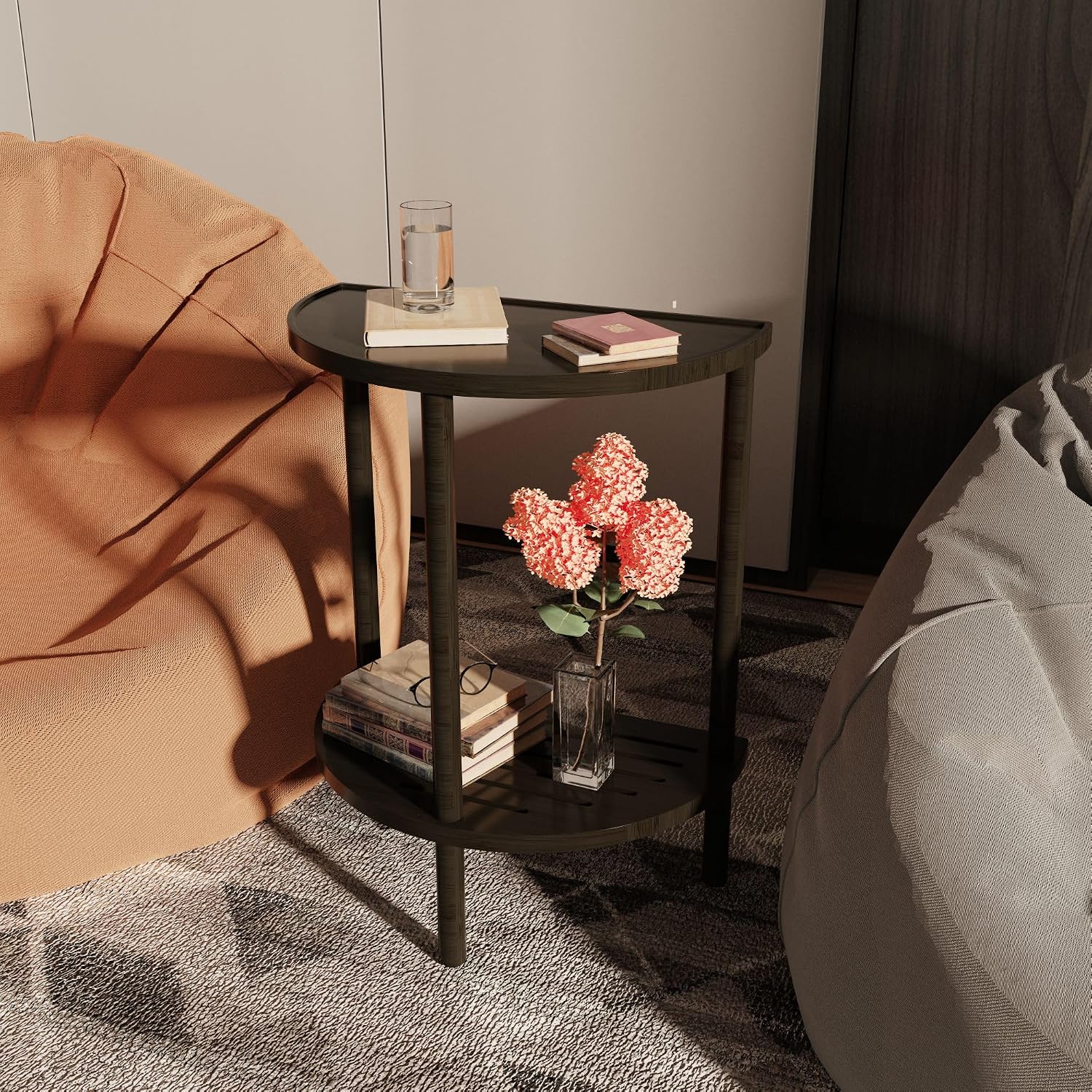 End Table, Half Moon Side Tables, Living Room Half Round 2 Tier Table for Small Space, Living Room Bedroom Couch Tables with Storage Shelf (Black)