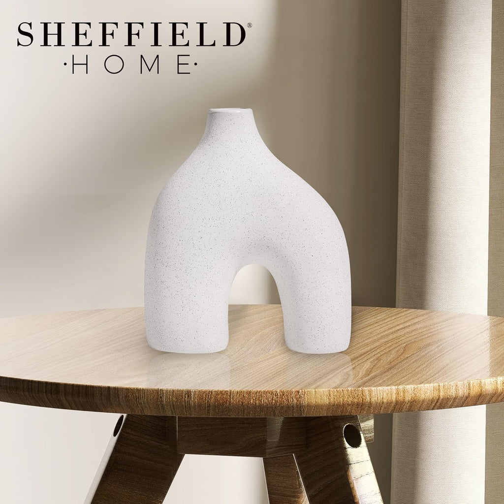 Modern Round U-Shaped Vase - 8"x3.35"x9.3" Stoneware Sand Graze Hollow Flower Vases for Home Decor - Cute Vases for Centerpieces, Living Room, Office & Entryway Display (White)