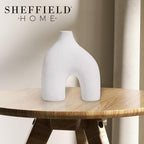 Modern Round U-Shaped Vase - 8"x3.35"x9.3" Stoneware Sand Graze Hollow Flower Vases for Home Decor - Cute Vases for Centerpieces, Living Room, Office & Entryway Display (White)
