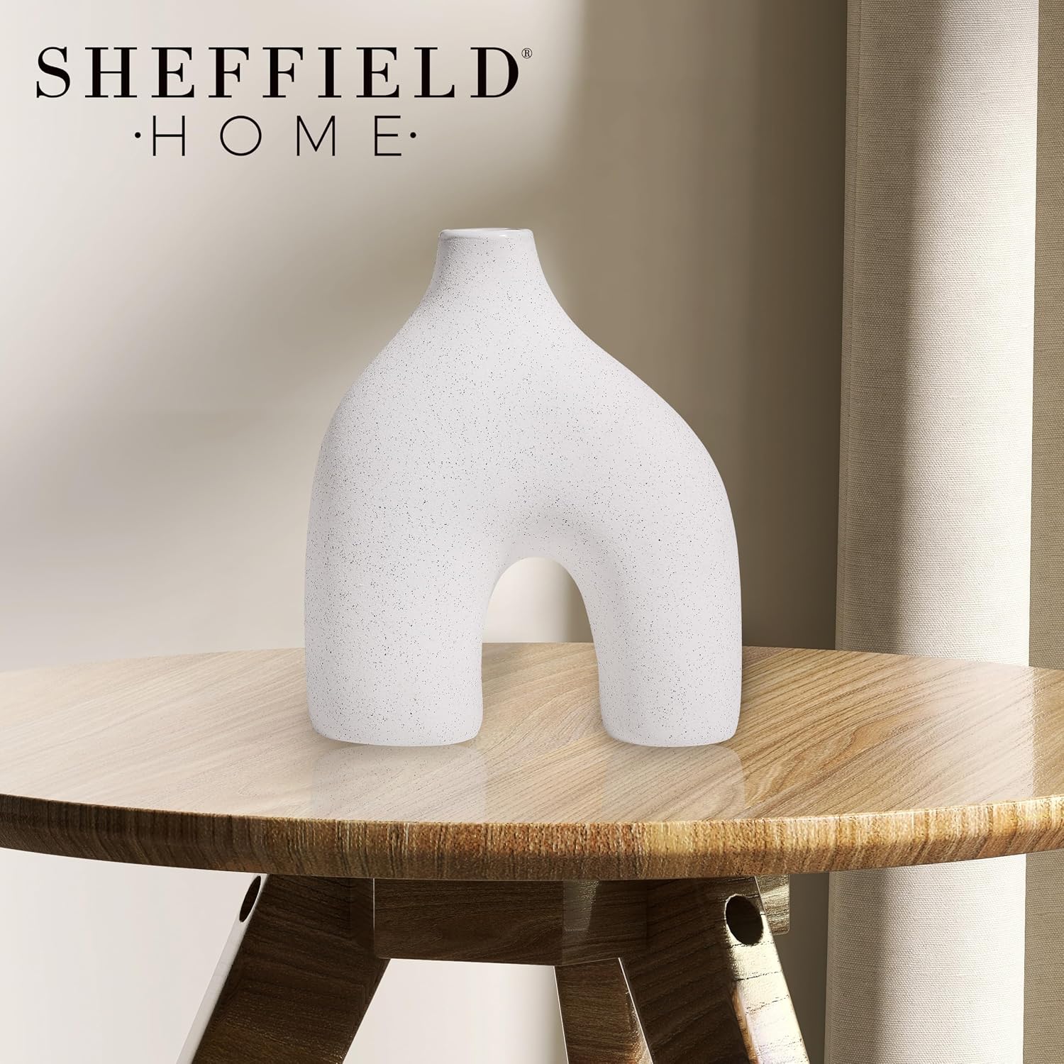 Modern Round U-Shaped Vase - 8"x3.35"x9.3" Stoneware Sand Graze Hollow Flower Vases for Home Decor - Cute Vases for Centerpieces, Living Room, Office & Entryway Display (White)