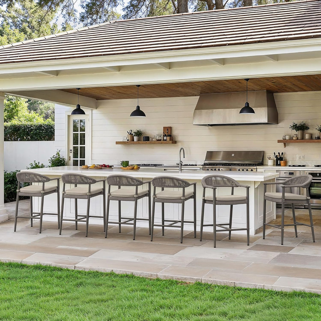 Cozyman Bar Stools Set of 4, 24.8'' Aluminum Outdoor Bar Stool with Removable Cushion, Boho Rattan BarStools, Olefin Rope Woven Bar Chairs with Footrest for Patio, Garden, Pool, Kitchen, Gray