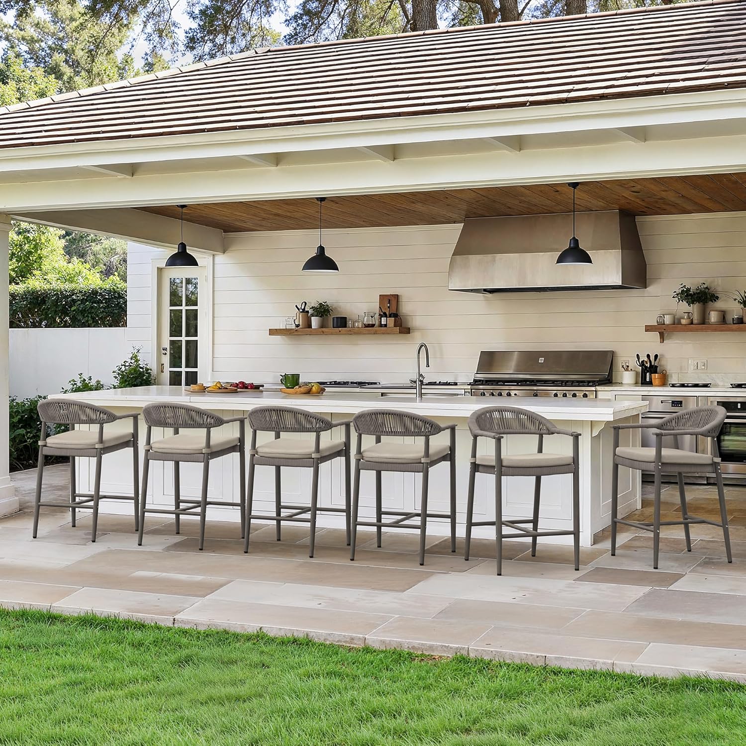 Cozyman Bar Stools Set of 4, 24.8'' Aluminum Outdoor Bar Stool with Removable Cushion, Boho Rattan BarStools, Olefin Rope Woven Bar Chairs with Footrest for Patio, Garden, Pool, Kitchen, Gray