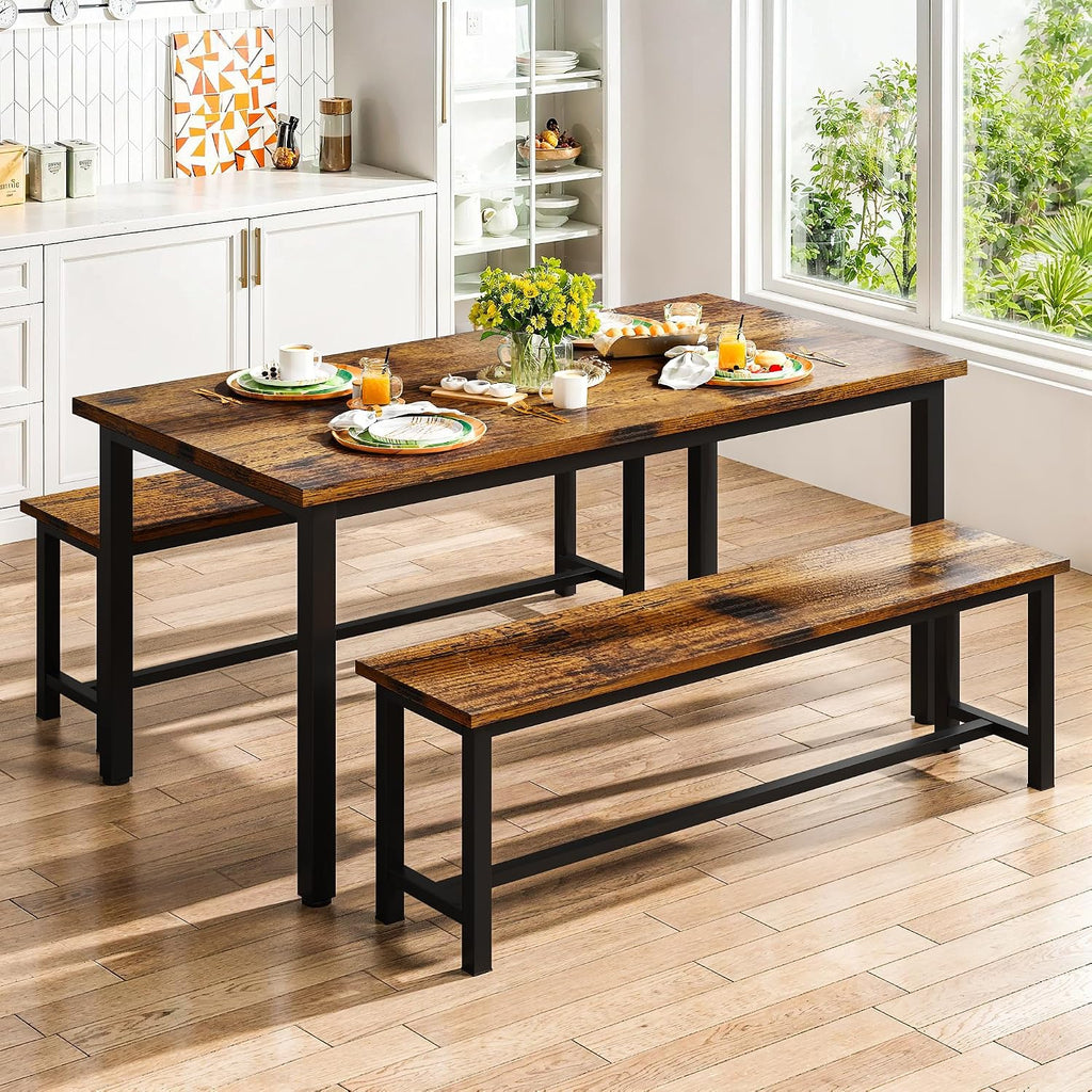 Lamerge Dining Room Table Set with 2 Benches, Dining Table Set for 4-6, Kitchen Table Set for Home Kitchen, Dining Room, Restaurant, Space Saving, Rustic, 3 Pieces Dining Furniture Set (05-Brown)