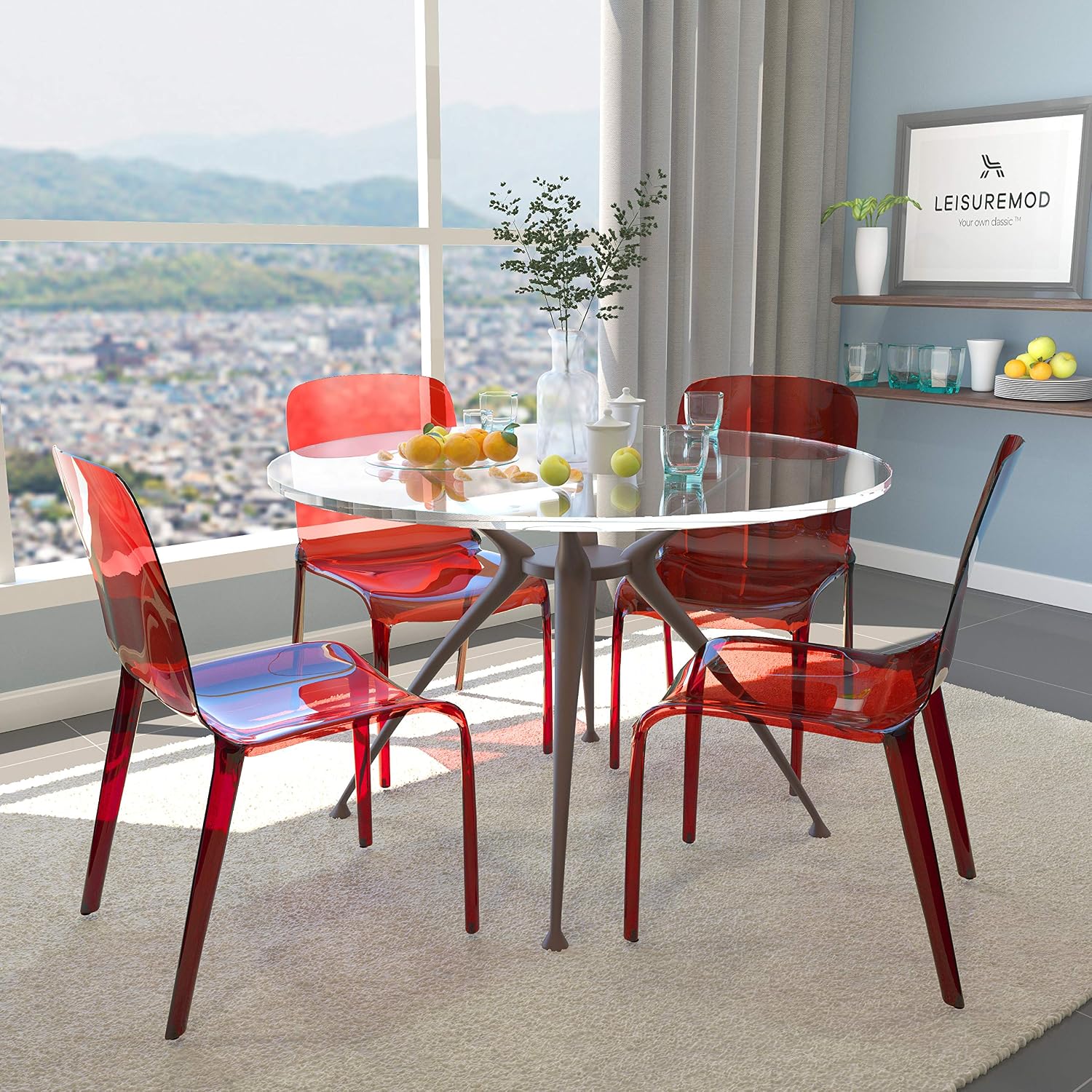 LeisureMod Murray Modern Plastic Dining Chair (Set of 4), Transparent Red