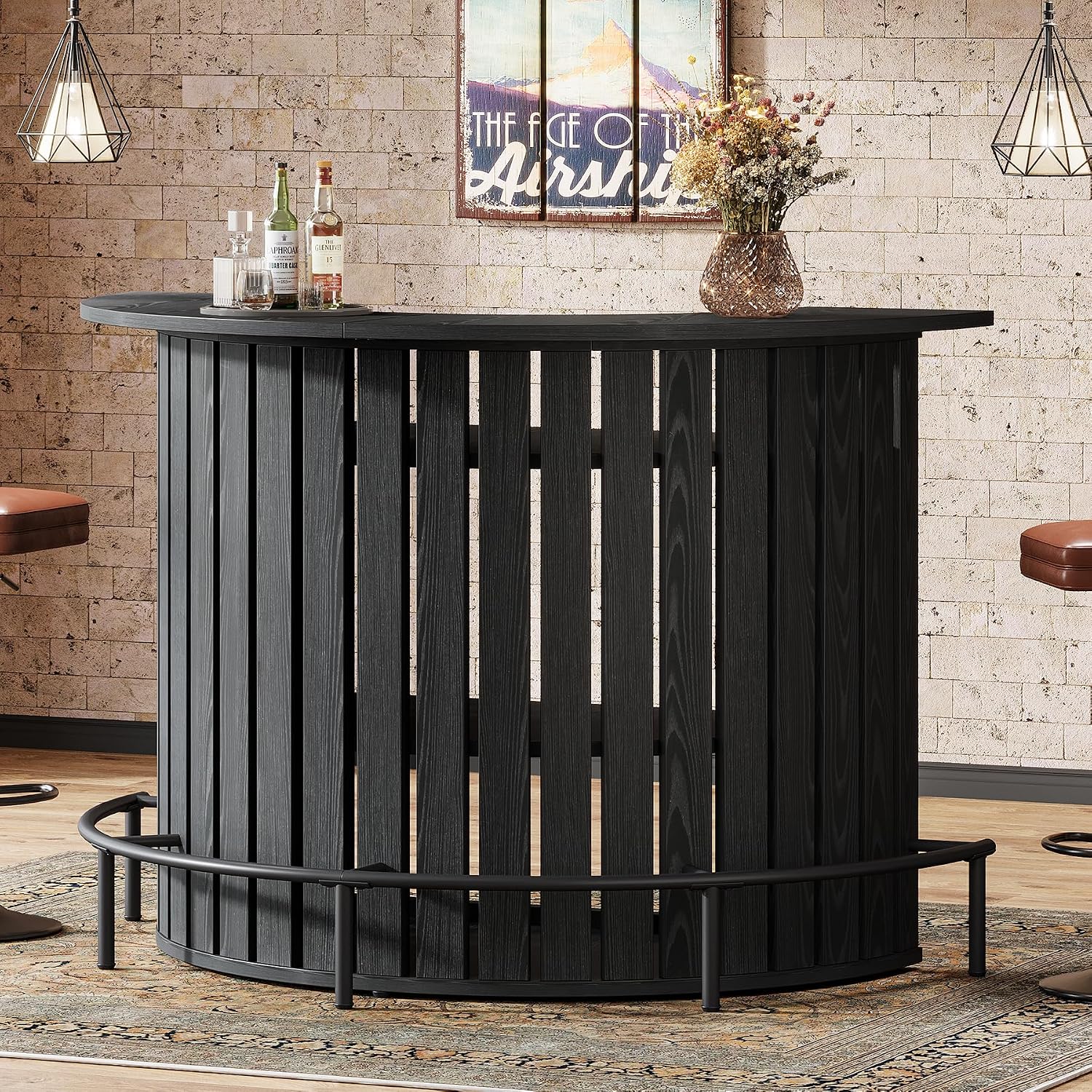 4-Tier Bar Table, 39.4" H Home Bar Unit with Footrest, Arc-Shaped Mini Bar Table, Modern Wine Bar Cabinet for Home Pub, Living Room, Black