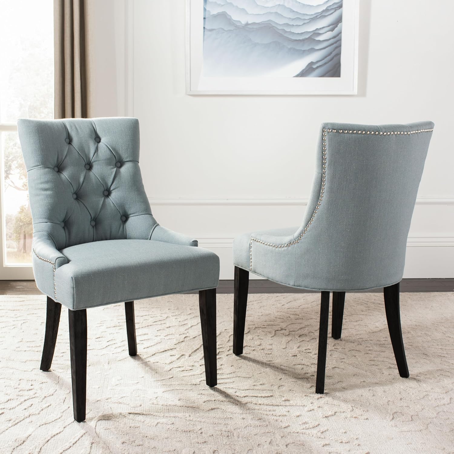 SAFAVIEH Home Collection - Abby Sky Blue Upholstered Dining Chair, Button Tufted Back, Nailhead Trim, Classic Accent Chair (MCR4701N)