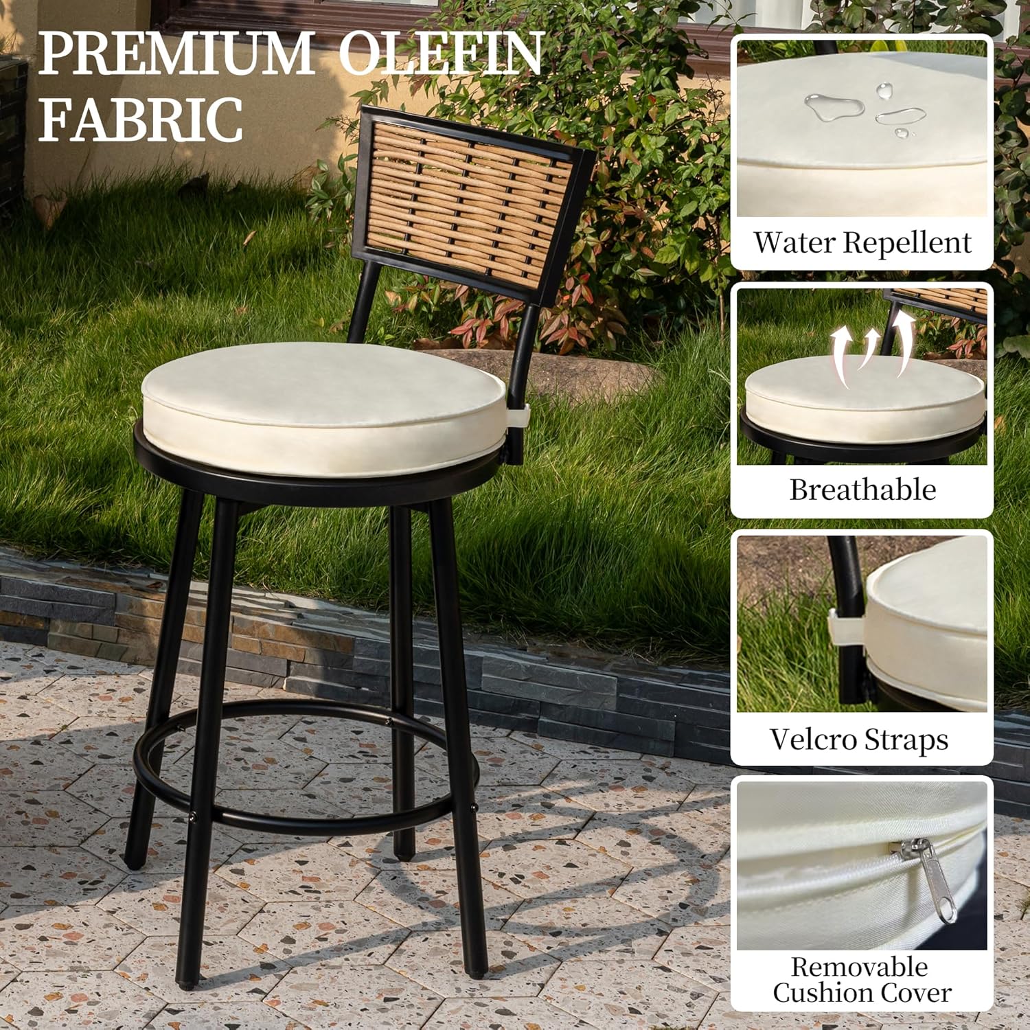 PIZZELLO Patio Swivel Bar Stools Set of 4, Outdoor Bar Height Chairs, Swivel Patio Bar Chair with Cushions, Counter Height Wicker Barstools for Outside Backyard Balcony