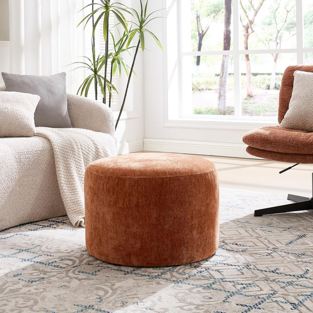 Upholstered Round Ottoman, Modern Small Footstool with Soft Padded Seat & Solid Wood Frame, Multifunctional Vanity Stool Accent Seat for Living Room, Bedroom, Entryway, Orange-Brown Chenille