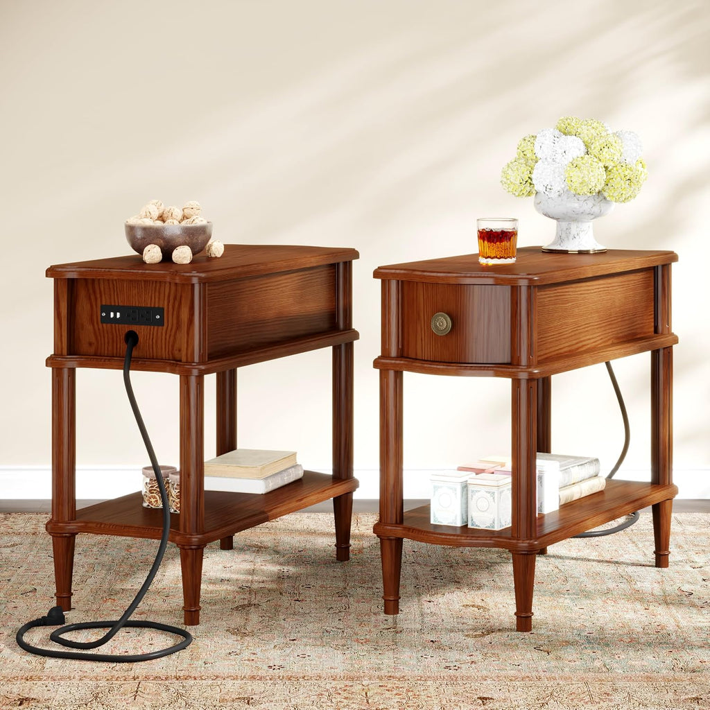 Nightstand with Charging Station & Drawer, Pre-Assembled Vintage Side Table with Shelf, Rustic Wood Finish Narrow End Table with Turned Legs for Bedroom Living Room, Caramel Walnut Brown, 2Pcs