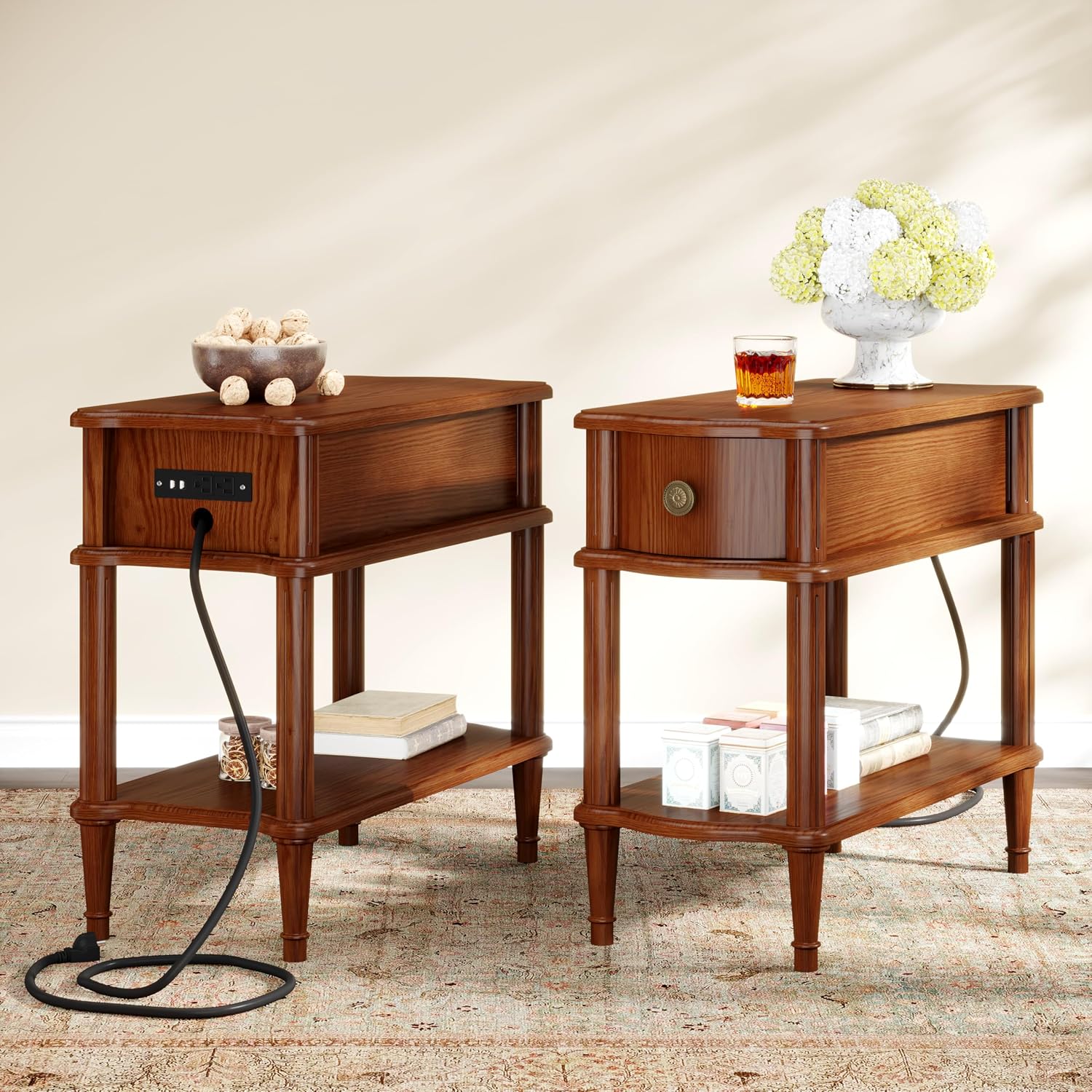 Nightstand with Charging Station & Drawer, Pre-Assembled Vintage Side Table with Shelf, Rustic Wood Finish Narrow End Table with Turned Legs for Bedroom Living Room, Caramel Walnut Brown, 2Pcs