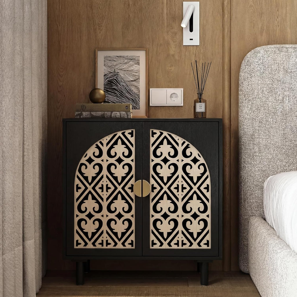 Decorative Storage Cabinet Sideboard with Hollow Carved Panels, 2 Doors, Natural Wood, 29.8 x 31.6 x 15.8 Inches. [Black, 1pc]
