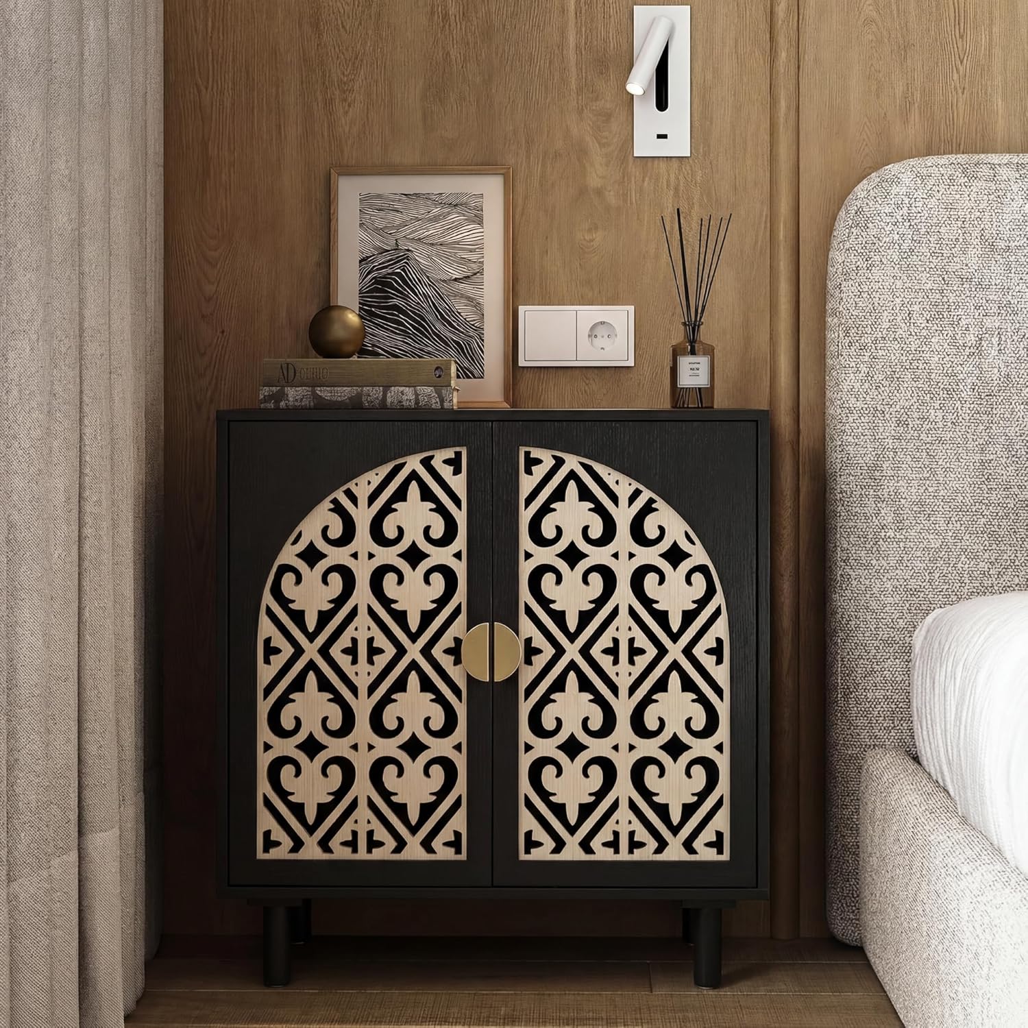 Decorative Storage Cabinet Sideboard with Hollow Carved Panels, 2 Doors, Natural Wood, 29.8 x 31.6 x 15.8 Inches. [Black, 1pc]