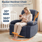FiveWillowise Rocking Chair Nursery with Adjustable Armrests, 360° Swivel Rocker Recliner for Moms, Manual Gilder Rocker Nursing Chair with Wide Foot Rest for Living Room, Bedroom, Dark Blue