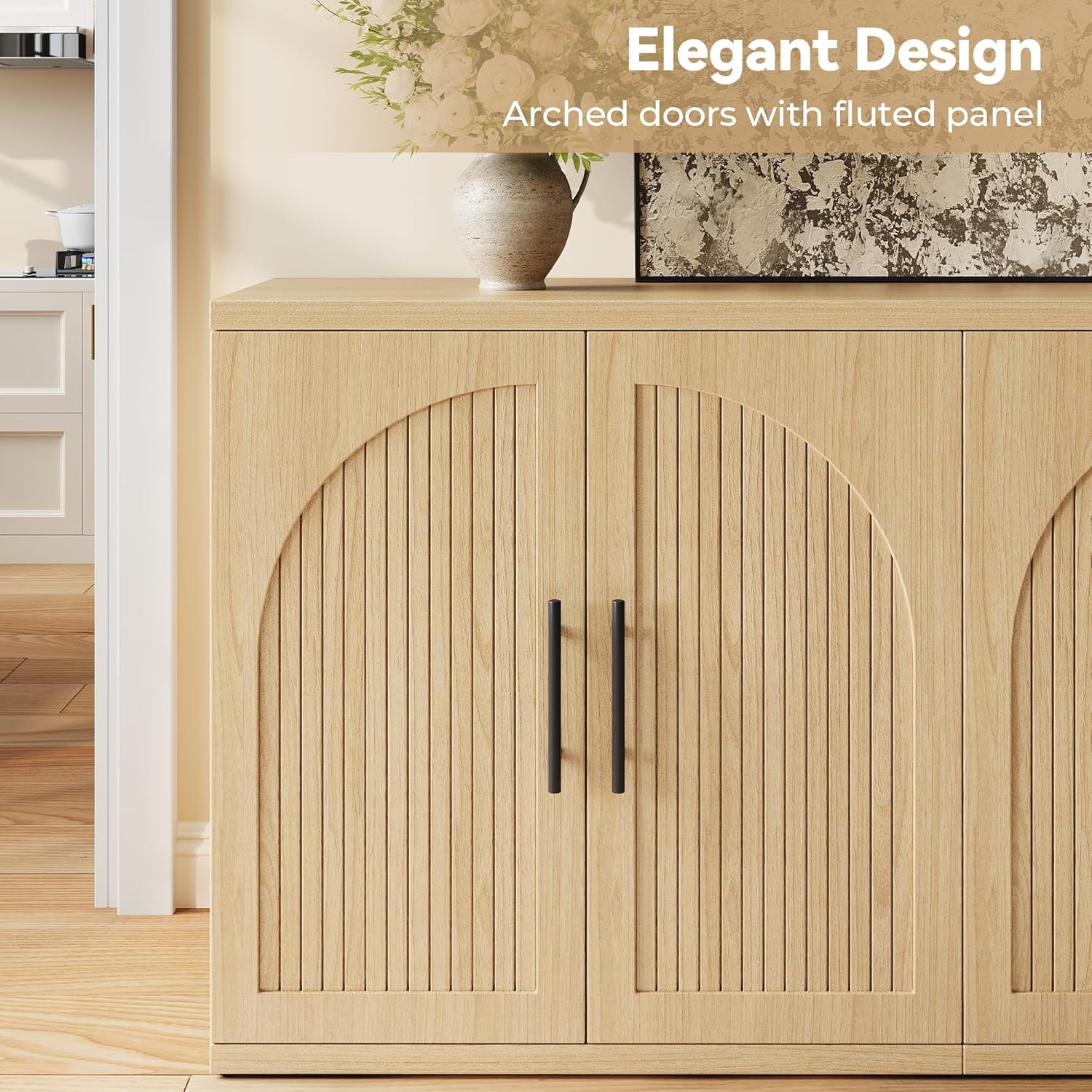 MapleGrace 63" Fluted Buffet Cabinet with Storage, Modern Symmetrical Arched Sideboard Credenza with Adjustable Shelf, Elegant Wood Console Table for Dining Room, Kitchen, Living Room(Oak)