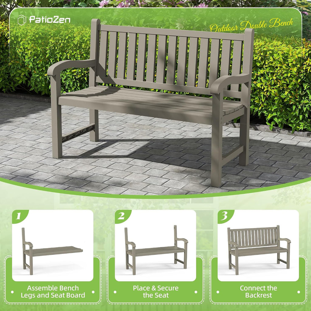 PatioZen Outdoor Bench, Waterproof & Weatherproof Garden Bench with Ergonomic Design, 2-Person Resin Bench for Porch, Deck, Patio, Outdoor, Garden & Park(Grey)