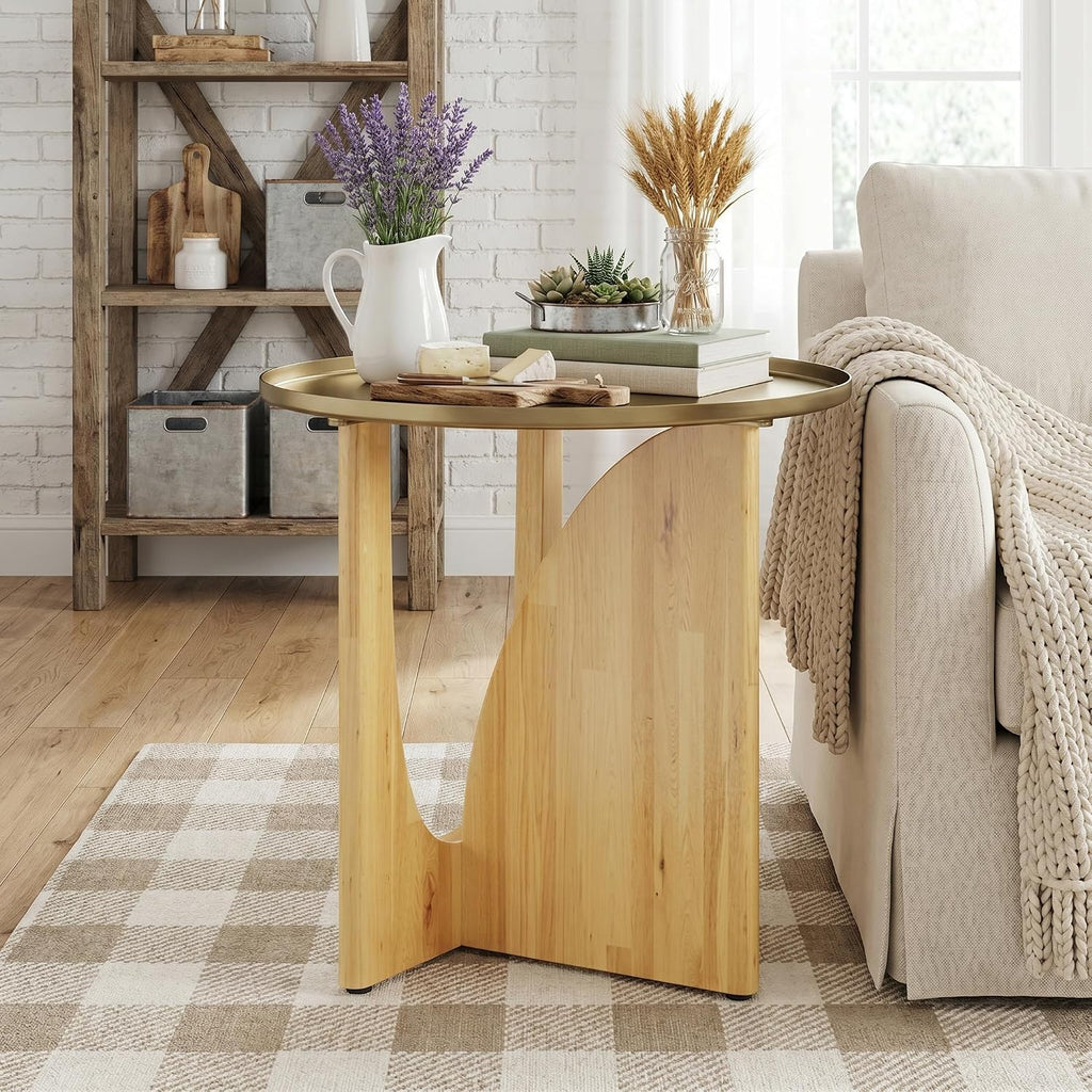 Asday Farmhouse End Table, Wood Side Table with Metal Tray Top, Geometric Base, Small End Table, Bedside Table for Living Room or Bedroom, 1 Piece