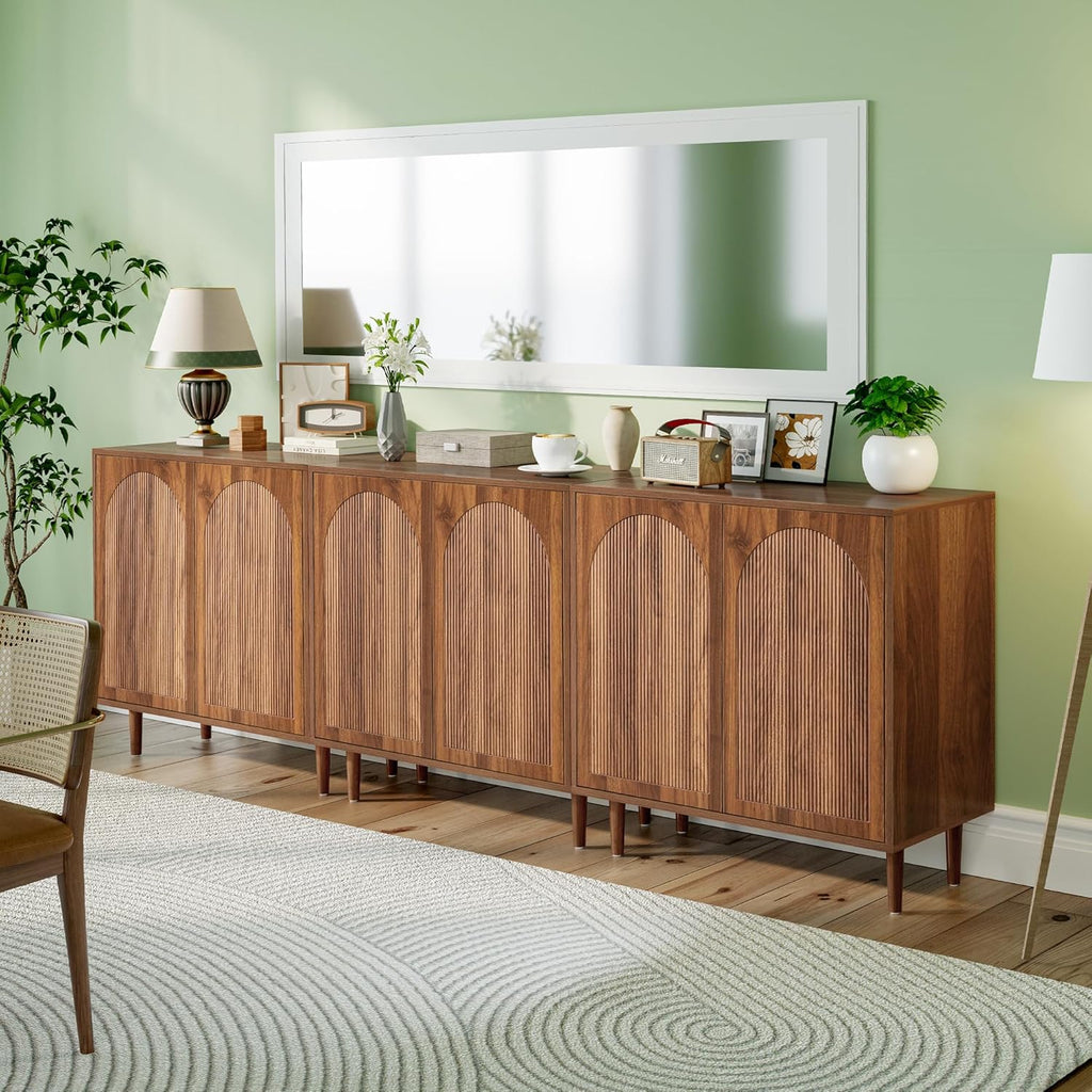 Bifins 94.5” Fluted Sideboard Buffet Cabinet with Storage,Mid Century Modern Long Wood Storage Cabinet with Arched Profile for Dining Room Kitchen Living Room