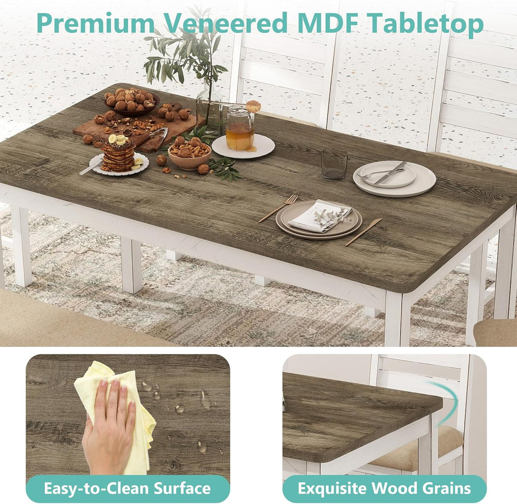 ROCSUMOO Farmhouse Dining Table Set with 4 Chairs and 1 Bench, 59" White Kitchen Table Set, Rectangular Dinner Room Table & Chairs Set Wood (4 Chairs & 1 Bench)
