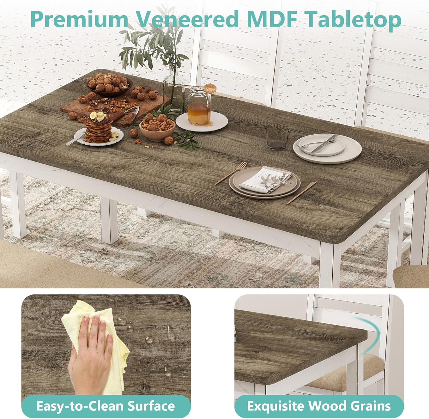 ROCSUMOO Farmhouse Dining Table Set with 4 Chairs and 1 Bench, 59" White Kitchen Table Set, Rectangular Dinner Room Table & Chairs Set Wood (4 Chairs & 1 Bench)