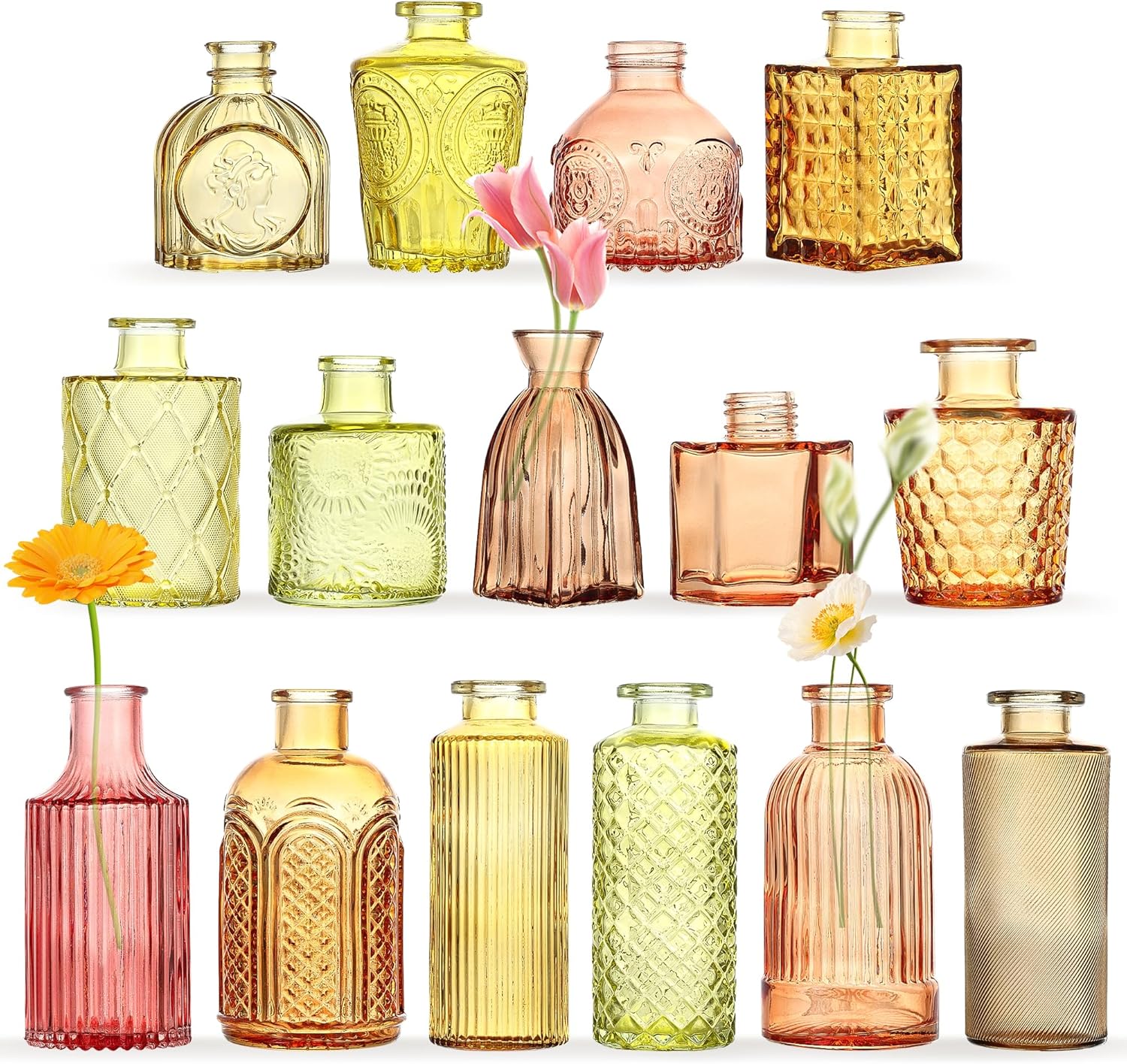 15Pcs Colored Glass Bud Vases, Wedding Table Decor, Bulk Housewarming Gift | Colored bud vases in bulk, Rustic embossed,Vintage-styled glass vases for centerpieces,15 unique vintage styles(1 per design)