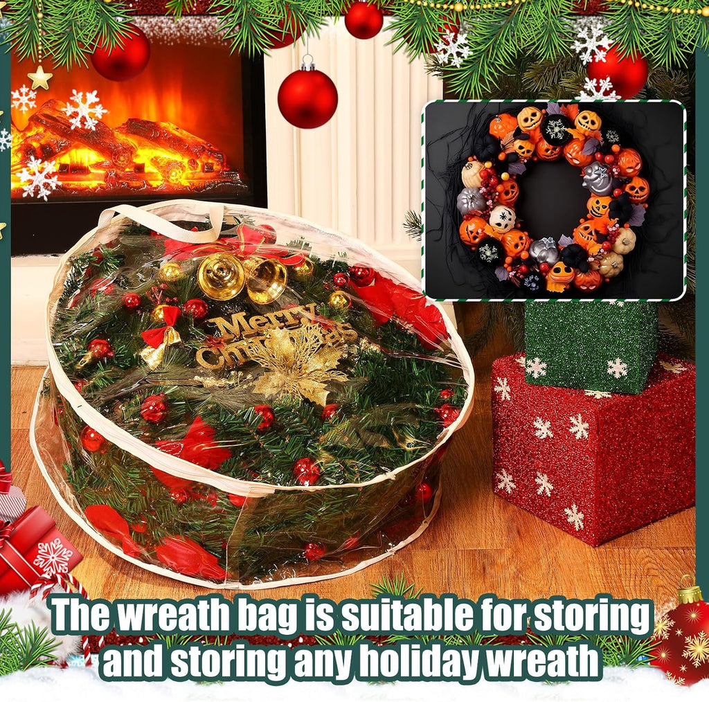 Zhengmy 15 Pcs 24 Inch Christmas Wreath Storage Bags Transparent Wreath Storage Container Bulk Wreaths Box with Dual Zippers and Handles for Xmas Holiday Wreaths Garland