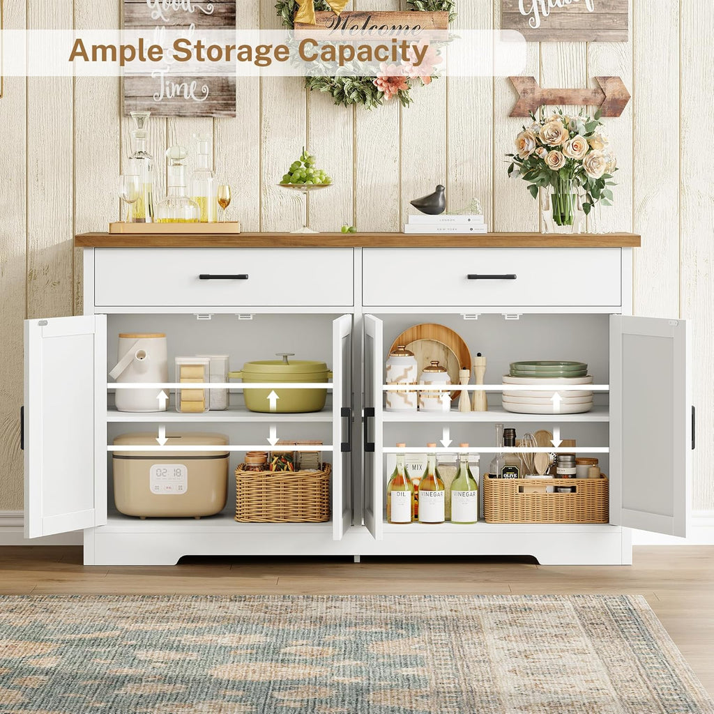 Buffet Cabinet with Storage and 2 Drawers, Large Sideboard Buffet Cabinet with Adjustable Shelves and Doors, Modern Coffee Bar Cabinet, White