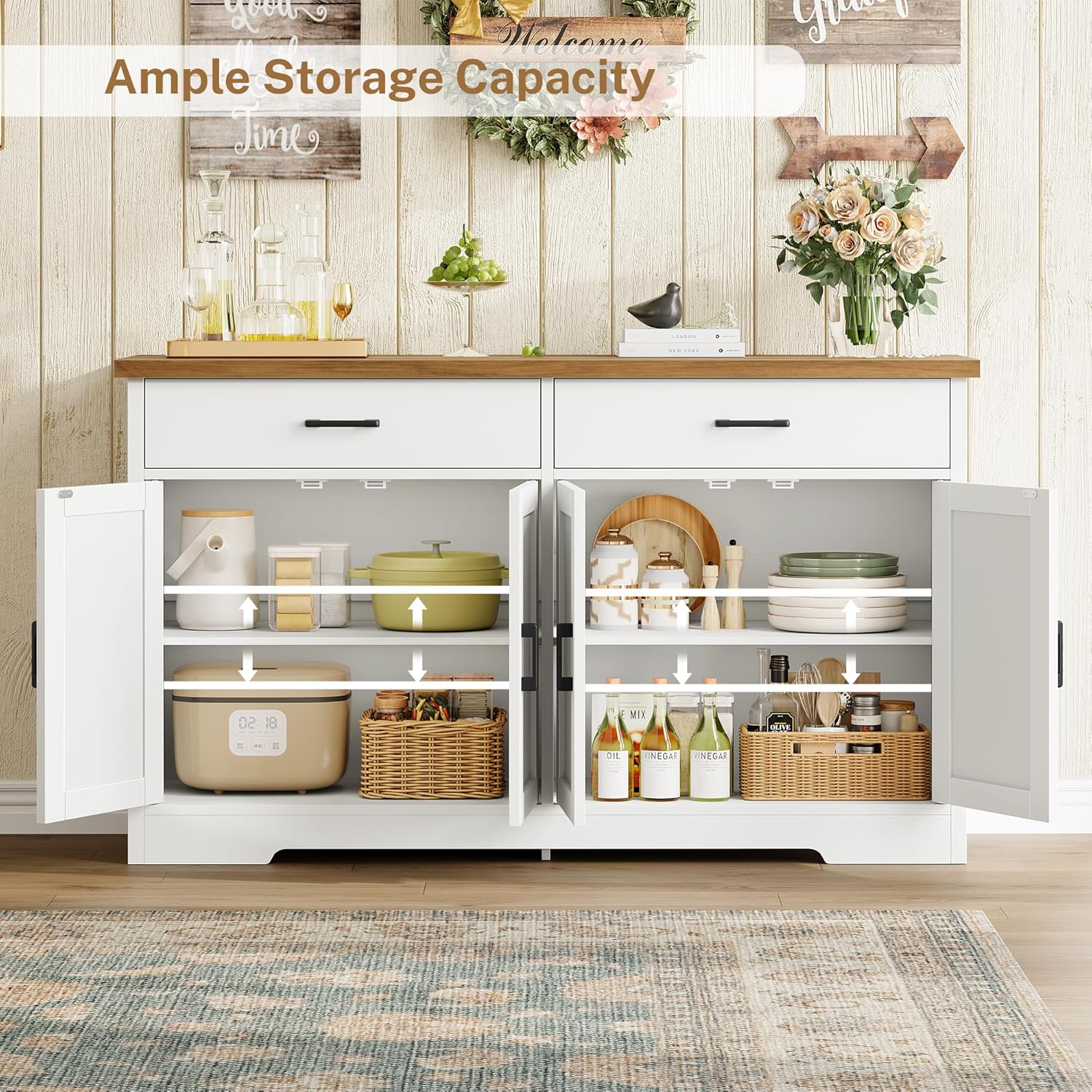 Buffet Cabinet with Storage and 2 Drawers, Large Sideboard Buffet Cabinet with Adjustable Shelves and Doors, Modern Coffee Bar Cabinet, White