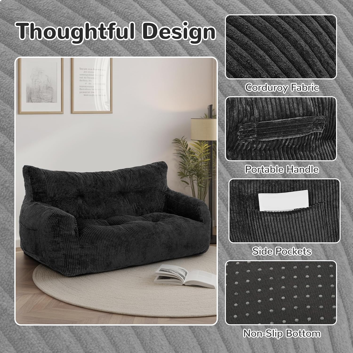 59" Bean Bag Chair,2 Seat Loveseat Sofa,Corduroy Lazy Sofa Bed for Adults,Fit Living Room, Bedroom,Outdoor Spaces,Ultra Soft Dutch Velvet,Fluffy Comfort Washable Cover,72h Rebound,Black