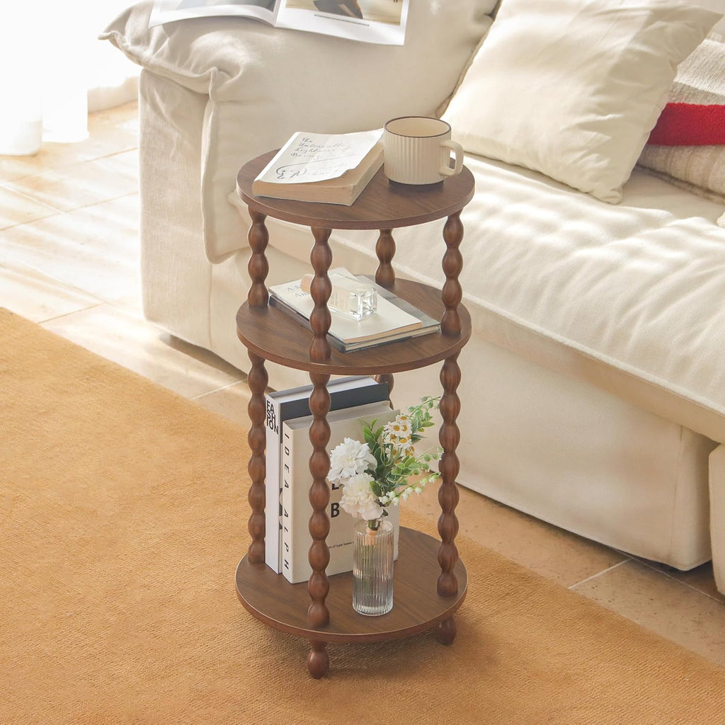 AWASEN Small Round End Table, Round Side Table with 3-Tier Open Shelf for Small Spaces, Wood Accent Table Nightstand for Bedroom, Living Room, Office, Walnut Brown