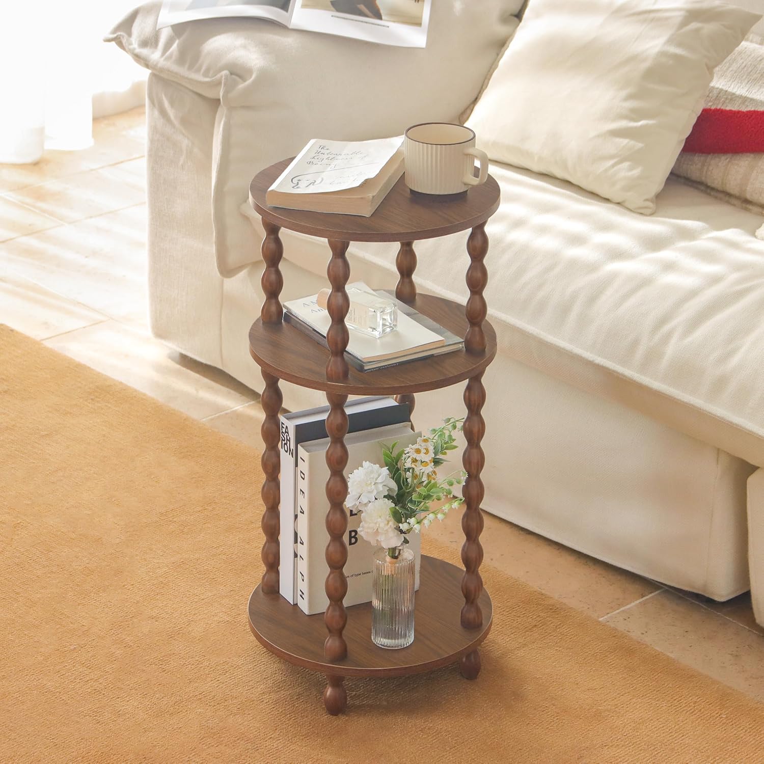 AWASEN Small Round End Table, Round Side Table with 3-Tier Open Shelf for Small Spaces, Wood Accent Table Nightstand for Bedroom, Living Room, Office, Walnut Brown