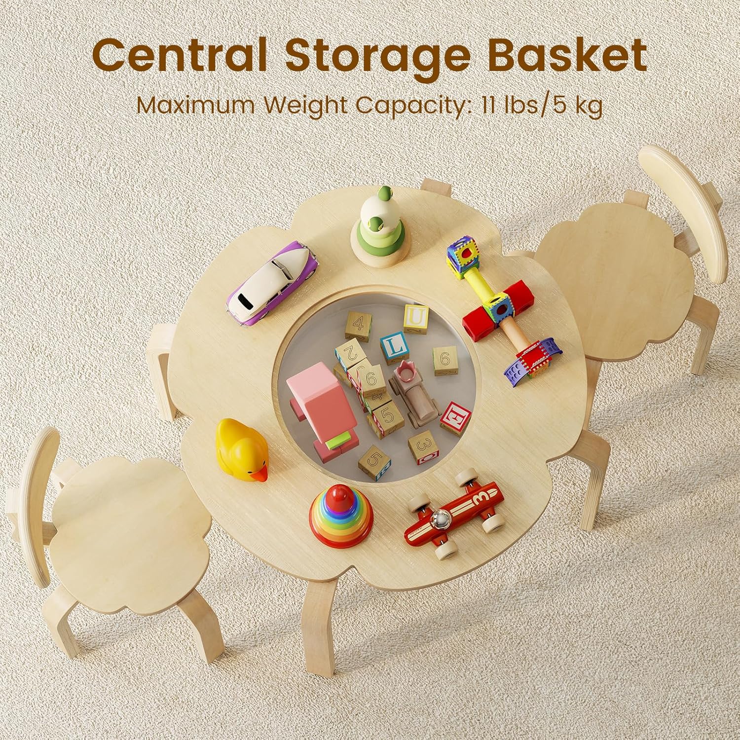 Olakids Kids Table and Chair Set, Wooden Toddler Activity Desk with Center Storage Basket, Ideal 3-Piece Children Furniture for Art Crafts Playing Eating Drawing Reading