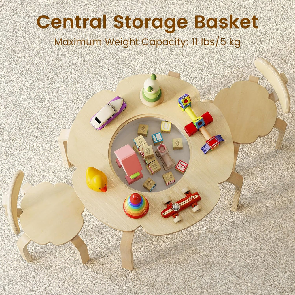 Olakids Kids Table and Chair Set, Wooden Toddler Activity Desk with Center Storage Basket, Ideal 3-Piece Children Furniture for Art Crafts Playing Eating Drawing Reading