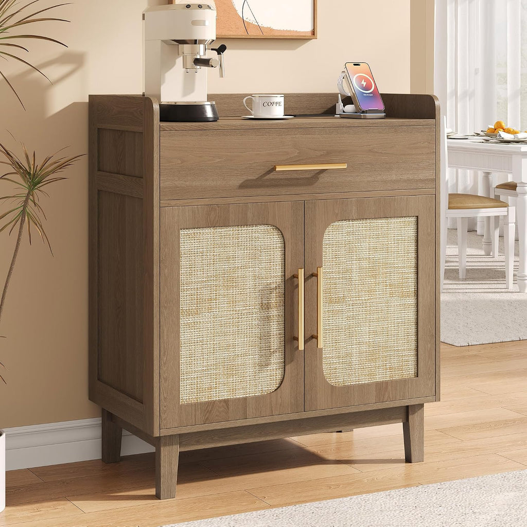 30" Rattan Sideboard Buffet Cabinet with Storage and Drawer, Boho Coffee Bar with Charging Station, Wood Accent Cabinet with Adjustable Shelf & 2 Door for Kitchen, Living Room, Entryway, Brown
