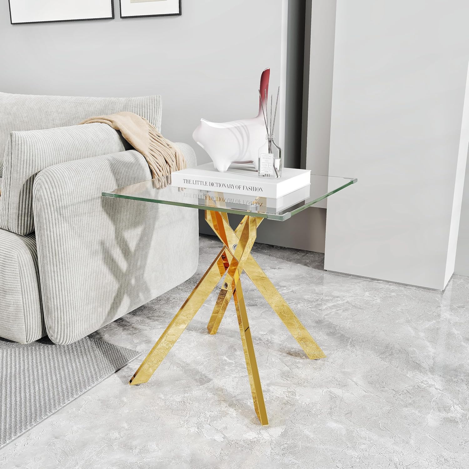 Square Glass End Table 23 Inch with Tempered Glass Top and Metal Tubular Legs for Living Room Home Office, Gold
